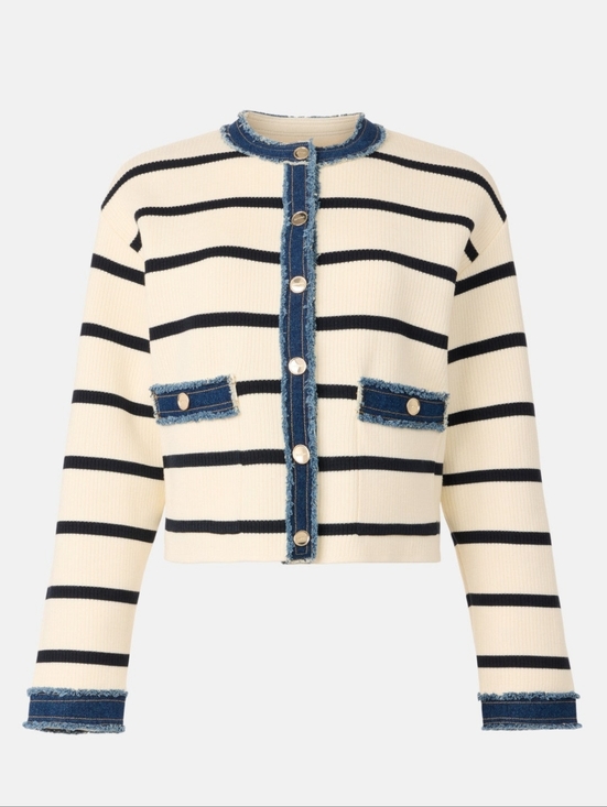 Sandro Sweaters - Sandro Stripey Cardigan With Denim Details Knit Crew Neck Long Sleeves Size S